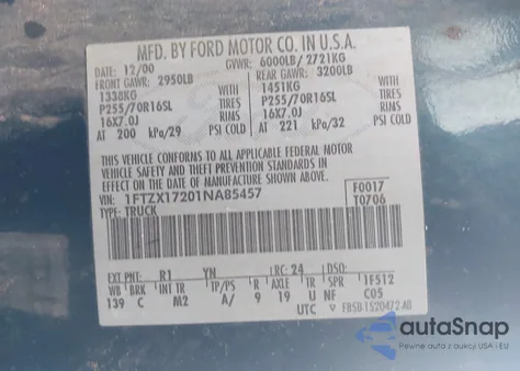 2001 Ford F150 z USA, uszkodzony, nr VIN 1FTZX17201NA85457